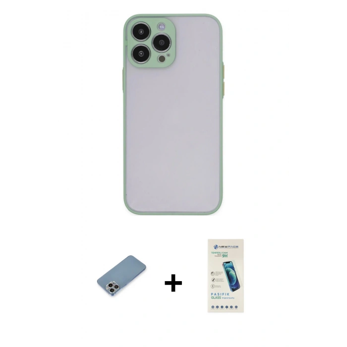 MARSİLYAN™- iPhone 13 Pro Max Kılıf Ahenk Çizgi Serisi - Şeffaf Pasifik Cam Ekran Koruyucu + Shine Kamera Lens Koruma Cam - GI
