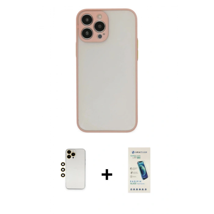 MARSİLYAN™- iPhone 13 Pro Max Kılıf Ahenk Çizgi Serisi - Şeffaf Pasifik Cam Ekran Koruyucu + Shine Kamera Lens - GD