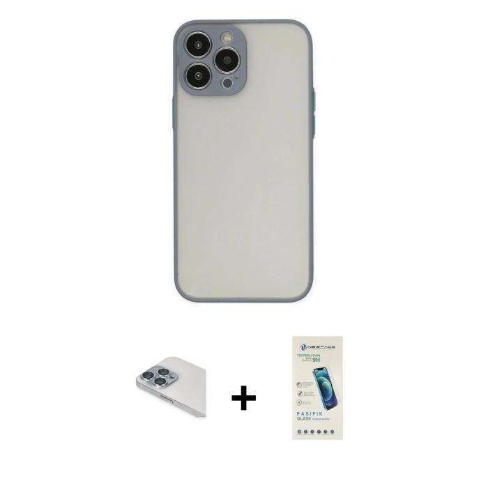 MARSİLYAN™- iPhone 13 Pro Max Kılıf Ahenk Çizgi Serisi - Şeffaf Pasifik Cam Ekran Koruyucu + Sierra Blue Pers Alüminyum Kamera Lens