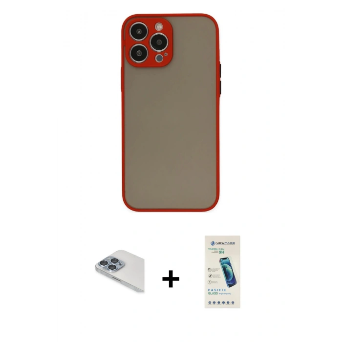 MARSİLYAN™- iPhone 13 Pro Max Kılıf Ahenk Çizgi Serisi - Şeffaf Pasifik Cam Ekran Koruyucu + Sierra Blue Pers Alüminyum Kamera Lens