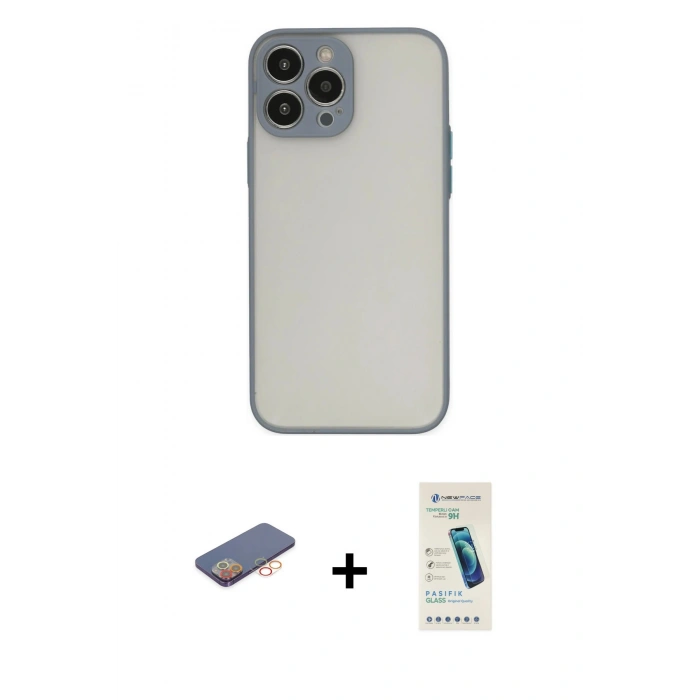 MARSİLYAN™- iPhone 13 Pro Max Kılıf Ahenk Çizgi Serisi - Şeffaf Pasifik Cam Ekran Koruyucu + Renkli Kamera Lens Koruma Cam - TU