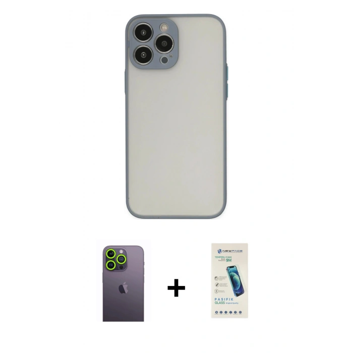 MARSİLYAN™- iPhone 13 Pro Max Kılıf Ahenk Çizgi Serisi - Şeffaf Pasifik Cam Ekran Koruyucu + Yeşil Neon Fosforlu Kamera Lens