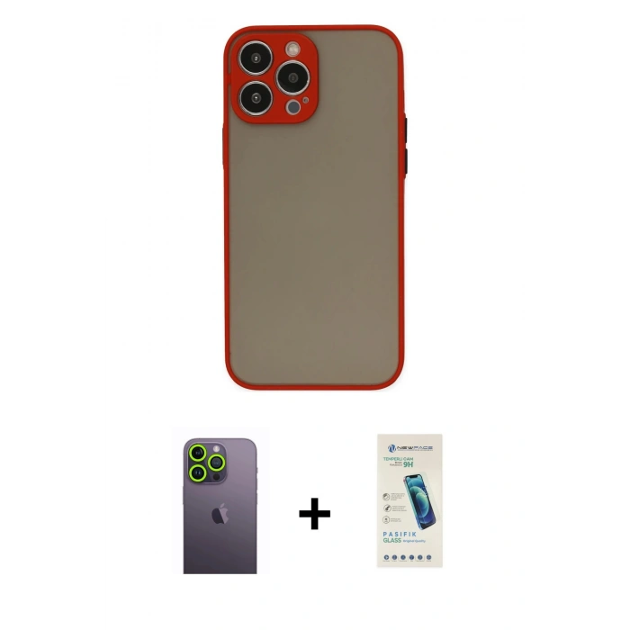 MARSİLYAN™- iPhone 13 Pro Max Kılıf Ahenk Çizgi Serisi - Şeffaf Pasifik Cam Ekran Koruyucu + Yeşil Neon Fosforlu Kamera Lens