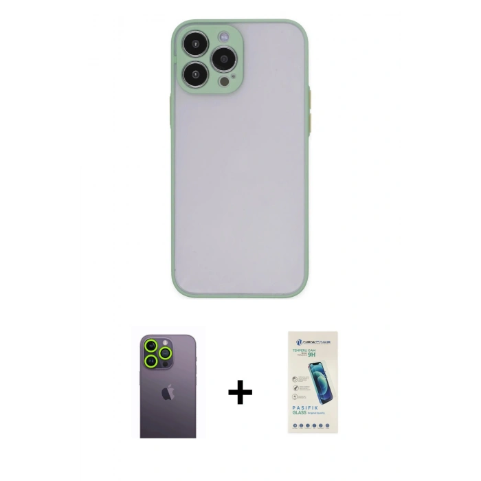 MARSİLYAN™- iPhone 13 Pro Max Kılıf Ahenk Çizgi Serisi - Şeffaf Pasifik Cam Ekran Koruyucu + Yeşil Neon Fosforlu Kamera Lens