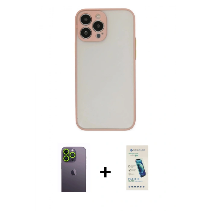 MARSİLYAN™- iPhone 13 Pro Max Kılıf Ahenk Çizgi Serisi - Şeffaf Pasifik Cam Ekran Koruyucu + Yeşil Neon Fosforlu Kamera Lens