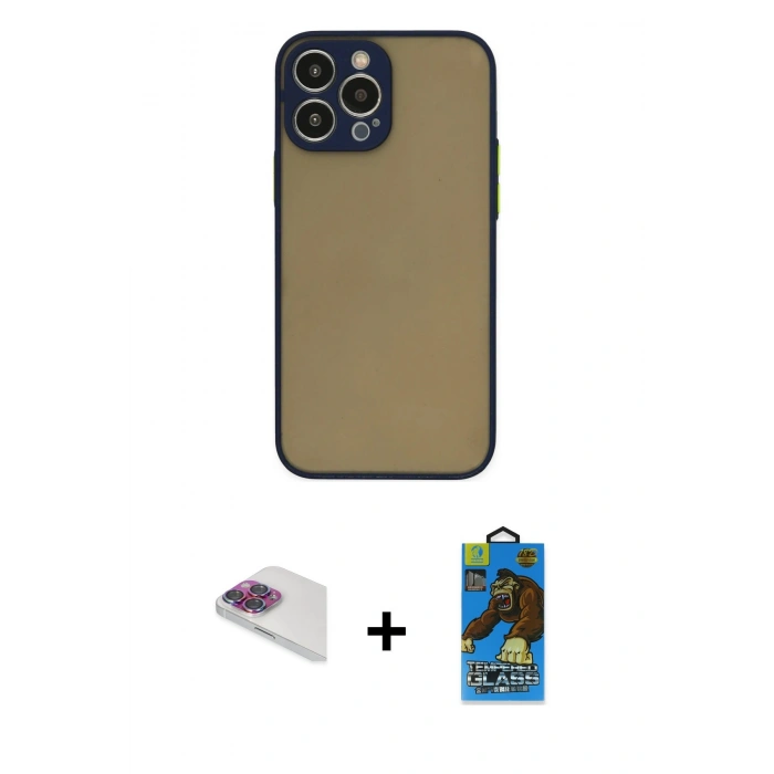 MARSİLYAN™- iPhone 13 Pro Max Kılıf Ahenk Çizgi Serisi - Siyah 18D Cam Ekran Koruyucu + Gökkuşağı Pers Alüminyum Kamera Lens