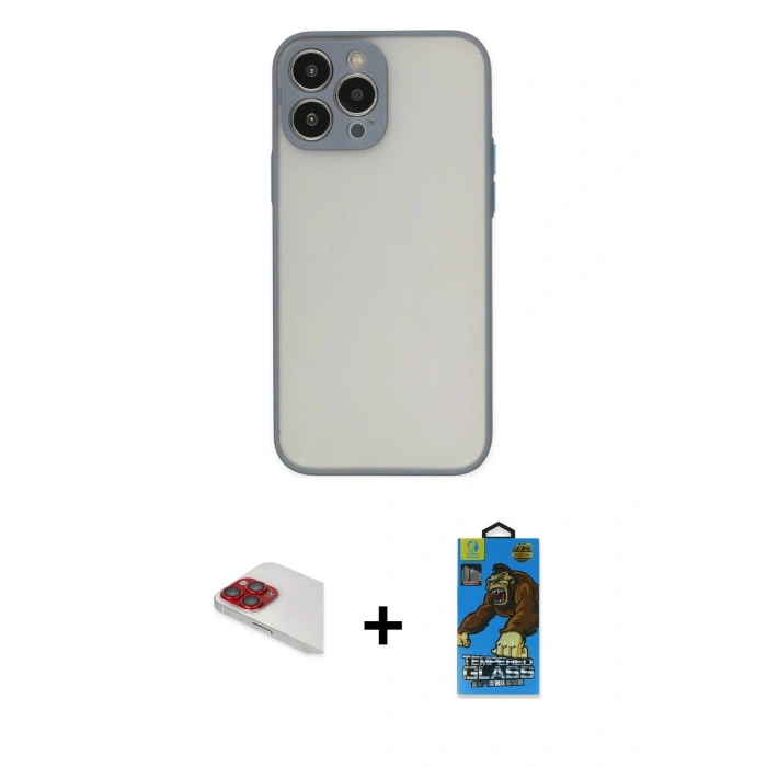 MARSİLYAN™- iPhone 13 Pro Max Kılıf Ahenk Çizgi Serisi - Siyah 18D Cam Ekran Koruyucu + Kırmızı Pers Alüminyum Kamera Lens