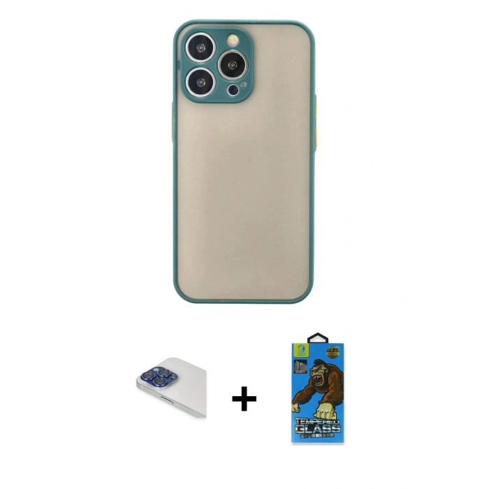 MARSİLYAN™- iPhone 13 Pro Max Kılıf Ahenk Çizgi Serisi - Siyah 18D Cam Ekran Koruyucu + Lacivert Pers Alüminyum Kamera Lens