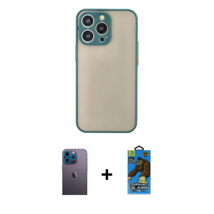 MARSİLYAN™- iPhone 13 Pro Max Kılıf Ahenk Çizgi Serisi - Siyah 18D Cam Ekran Koruyucu + Neon Fosforlu Kamera Lens - MI