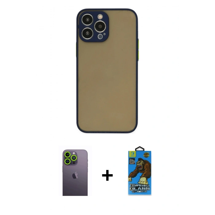 MARSİLYAN™- iPhone 13 Pro Max Kılıf Ahenk Çizgi Serisi - Siyah 18D Cam Ekran Koruyucu + Neon Fosforlu Kamera Lens - YL