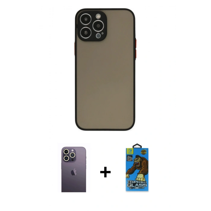 MARSİLYAN™- iPhone 13 Pro Max Kılıf Ahenk Çizgi Serisi - Siyah 18D Cam Ekran Koruyucu + Neon Fosforlu Kamera Lens - BZ