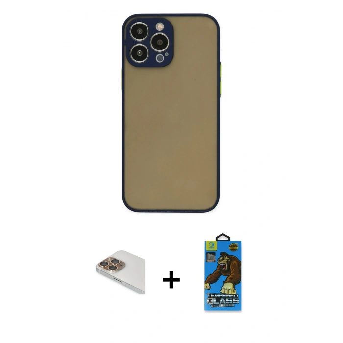 MARSİLYAN™- iPhone 13 Pro Max Kılıf Ahenk Çizgi Serisi - Siyah 18D Cam Ekran Koruyucu + Pers Alüminyum Kamera Lens - GD
