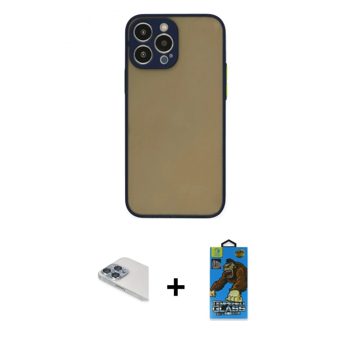 MARSİLYAN™- iPhone 13 Pro Max Kılıf Ahenk Çizgi Serisi - Siyah 18D Cam Ekran Koruyucu + Pers Alüminyum Kamera Lens - SABE