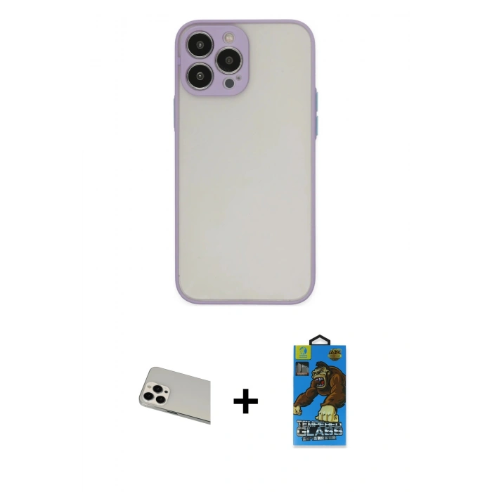 MARSİLYAN™- iPhone 13 Pro Max Kılıf Ahenk Çizgi Serisi - Siyah 18D Cam Ekran Koruyucu + Rainbow Kamera Lens Koruma Cam - BZ