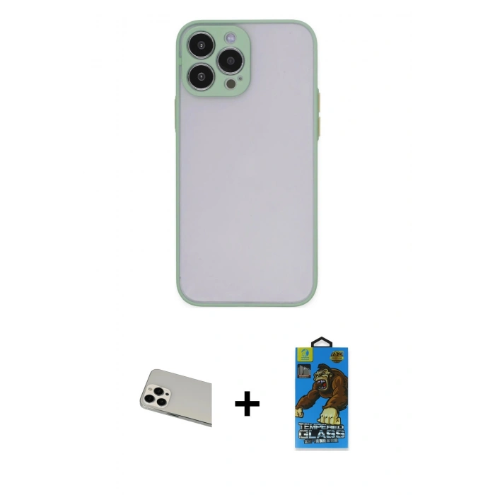 MARSİLYAN™- iPhone 13 Pro Max Kılıf Ahenk Çizgi Serisi - Siyah 18D Cam Ekran Koruyucu + Rainbow Kamera Lens Koruma Cam - BZ