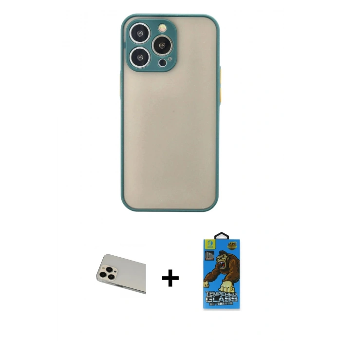 MARSİLYAN™- iPhone 13 Pro Max Kılıf Ahenk Çizgi Serisi - Siyah 18D Cam Ekran Koruyucu + Rainbow Kamera Lens Koruma Cam - REGD