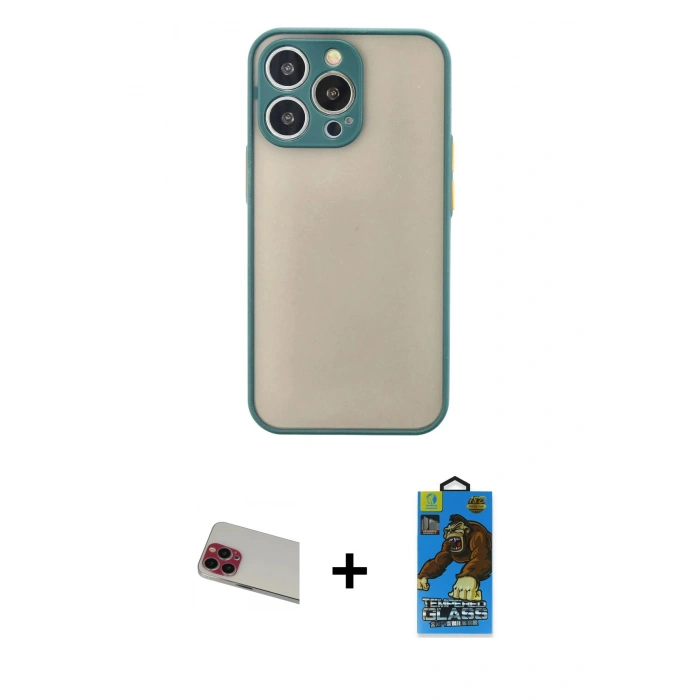 MARSİLYAN™- iPhone 13 Pro Max Kılıf Ahenk Çizgi Serisi - Siyah 18D Cam Ekran Koruyucu + Rainbow Kamera Lens Koruma Cam - KI