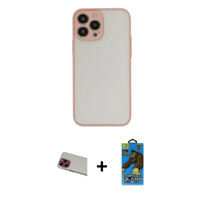 MARSİLYAN™- iPhone 13 Pro Max Kılıf Ahenk Çizgi Serisi - Siyah 18D Cam Ekran Koruyucu + Rainbow Kamera Lens Koruma Cam - KI