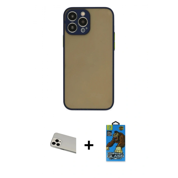 MARSİLYAN™- iPhone 13 Pro Max Kılıf Ahenk Çizgi Serisi - Siyah 18D Cam Ekran Koruyucu + Rainbow Kamera Lens Koruma Cam - BZ