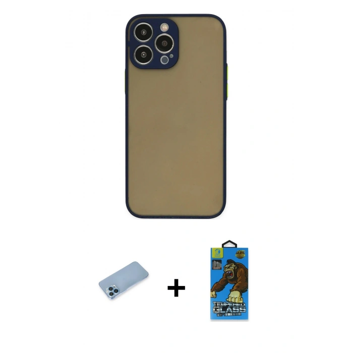 MARSİLYAN™- iPhone 13 Pro Max Kılıf Ahenk Çizgi Serisi - Siyah 18D Cam Ekran Koruyucu + Shine Kamera Lens Koruma Cam - MI