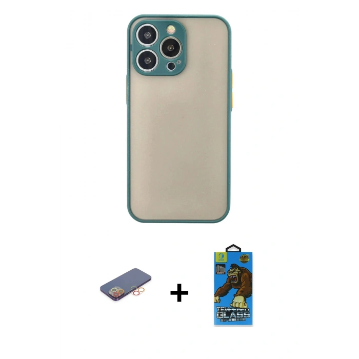 MARSİLYAN™- iPhone 13 Pro Max Kılıf Ahenk Çizgi Serisi - Siyah 18D Cam Ekran Koruyucu + Renkli Kamera Lens Koruma Cam - TU