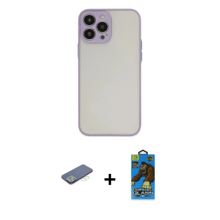 MARSİLYAN™- iPhone 13 Pro Max Kılıf Ahenk Çizgi Serisi - Siyah 18D Cam Ekran Koruyucu + Renkli Kamera Lens Koruma Cam - YL