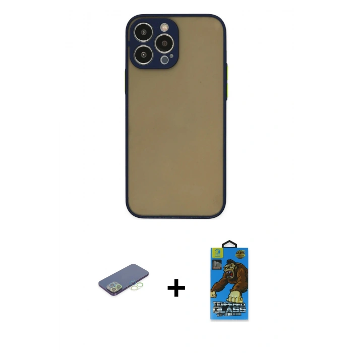 MARSİLYAN™- iPhone 13 Pro Max Kılıf Ahenk Çizgi Serisi - Siyah 18D Cam Ekran Koruyucu + Renkli Kamera Lens Koruma Cam - YL