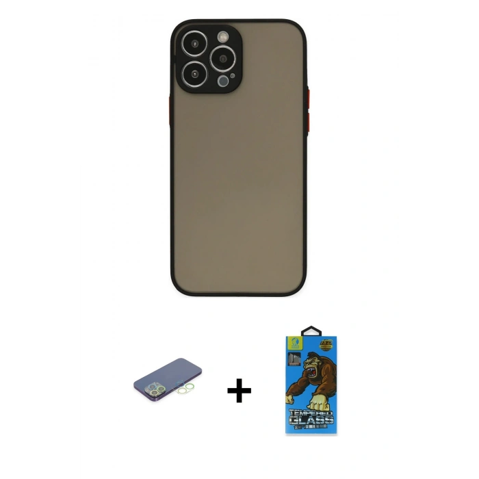 MARSİLYAN™- iPhone 13 Pro Max Kılıf Ahenk Çizgi Serisi - Siyah 18D Cam Ekran Koruyucu + Renkli Kamera Lens Koruma Cam - YL