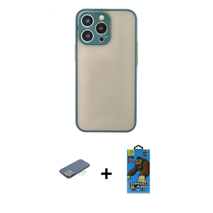 MARSİLYAN™- iPhone 13 Pro Max Kılıf Ahenk Çizgi Serisi - Siyah 18D Cam Ekran Koruyucu + Renkli Kamera Lens Koruma Cam - YL