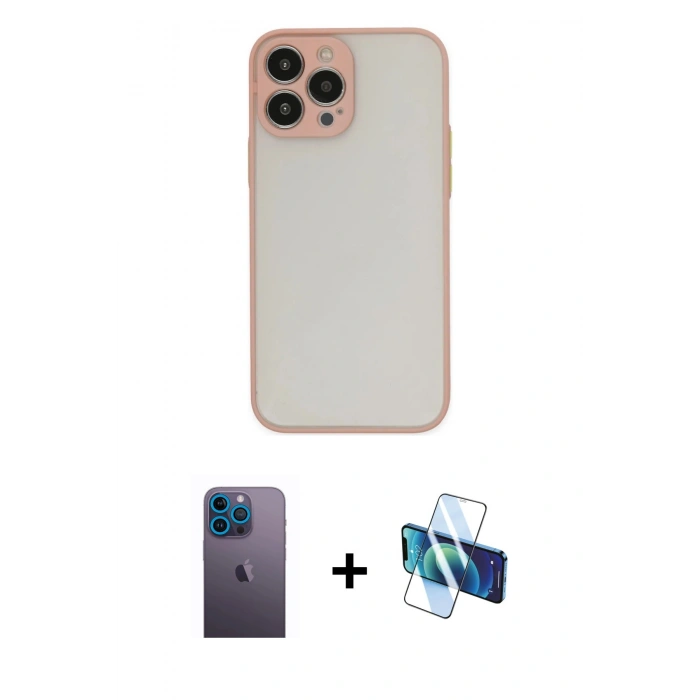 MARSİLYAN™- iPhone 13 Pro Max Kılıf Ahenk Çizgi Serisi - Siyah 3D Antistatik Cam Ekran Koruyucu + Neon Fosforlu Kamera Lens - MI