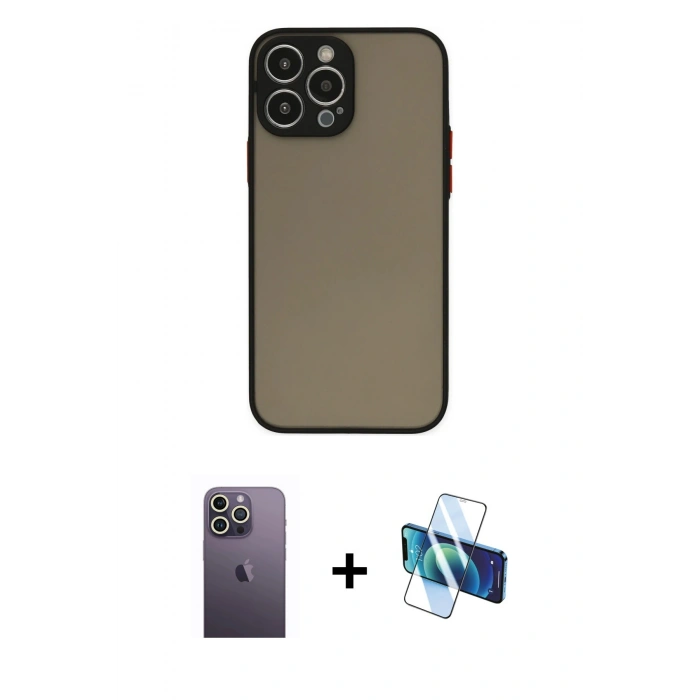 MARSİLYAN™- iPhone 13 Pro Max Kılıf Ahenk Çizgi Serisi - Siyah 3D Antistatik Cam Ekran Koruyucu + Neon Fosforlu Kamera Lens - BZ
