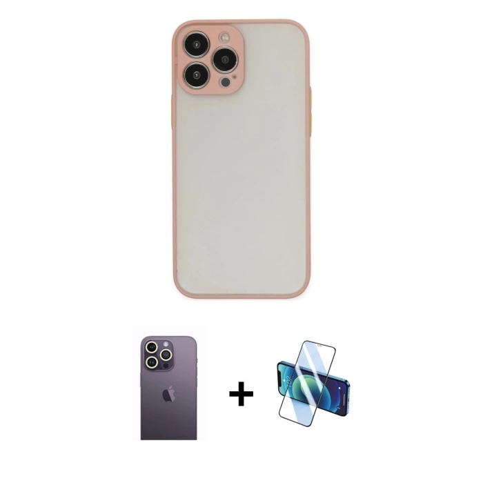 MARSİLYAN™- iPhone 13 Pro Max Kılıf Ahenk Çizgi Serisi - Siyah 3D Antistatik Cam Ekran Koruyucu + Neon Fosforlu Kamera Lens - BZ