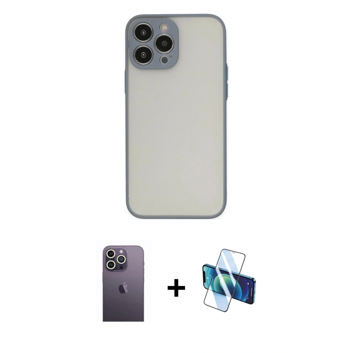 MARSİLYAN™- iPhone 13 Pro Max Kılıf Ahenk Çizgi Serisi - Siyah 3D Antistatik Cam Ekran Koruyucu + Neon Fosforlu Kamera Lens - BZ