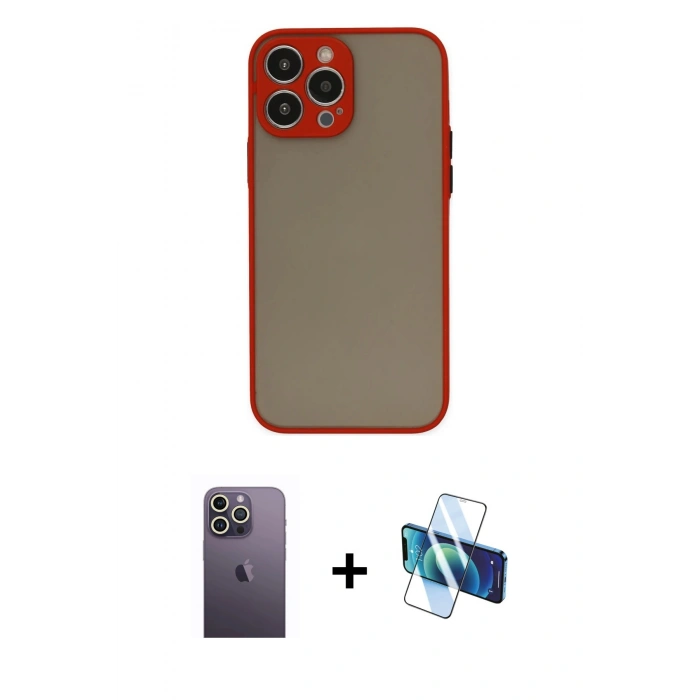 MARSİLYAN™- iPhone 13 Pro Max Kılıf Ahenk Çizgi Serisi - Siyah 3D Antistatik Cam Ekran Koruyucu + Neon Fosforlu Kamera Lens - BZ