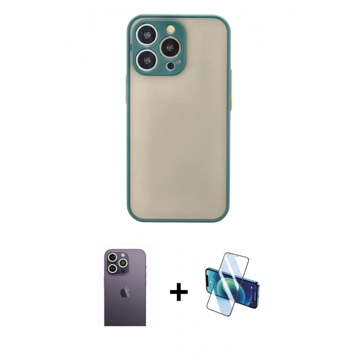 MARSİLYAN™- iPhone 13 Pro Max Kılıf Ahenk Çizgi Serisi - Siyah 3D Antistatik Cam Ekran Koruyucu + Neon Fosforlu Kamera Lens - BZ