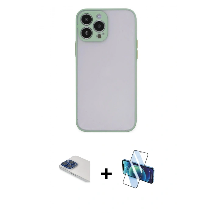 MARSİLYAN™- iPhone 13 Pro Max Kılıf Ahenk Çizgi Serisi - Siyah 3D Antistatik Cam Ekran Koruyucu + Pers Alüminyum Kamera Lens - LT