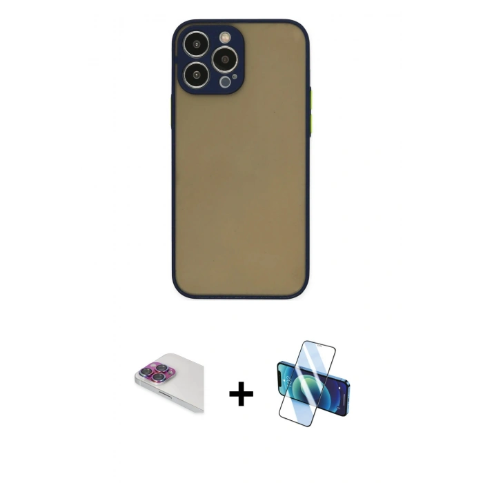 MARSİLYAN™- iPhone 13 Pro Max Kılıf Ahenk Çizgi Serisi - Siyah 3D Antistatik Cam Ekran Koruyucu + Pers Alüminyum Kamera Lens - GI