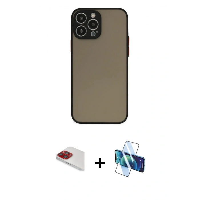 MARSİLYAN™- iPhone 13 Pro Max Kılıf Ahenk Çizgi Serisi - Siyah 3D Antistatik Cam Ekran Koruyucu + Pers Alüminyum Kamera Lens - KI