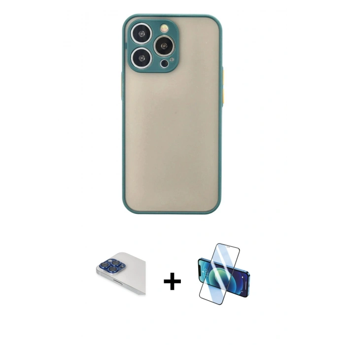 MARSİLYAN™- iPhone 13 Pro Max Kılıf Ahenk Çizgi Serisi - Siyah 3D Antistatik Cam Ekran Koruyucu + Pers Alüminyum Kamera Lens - LT