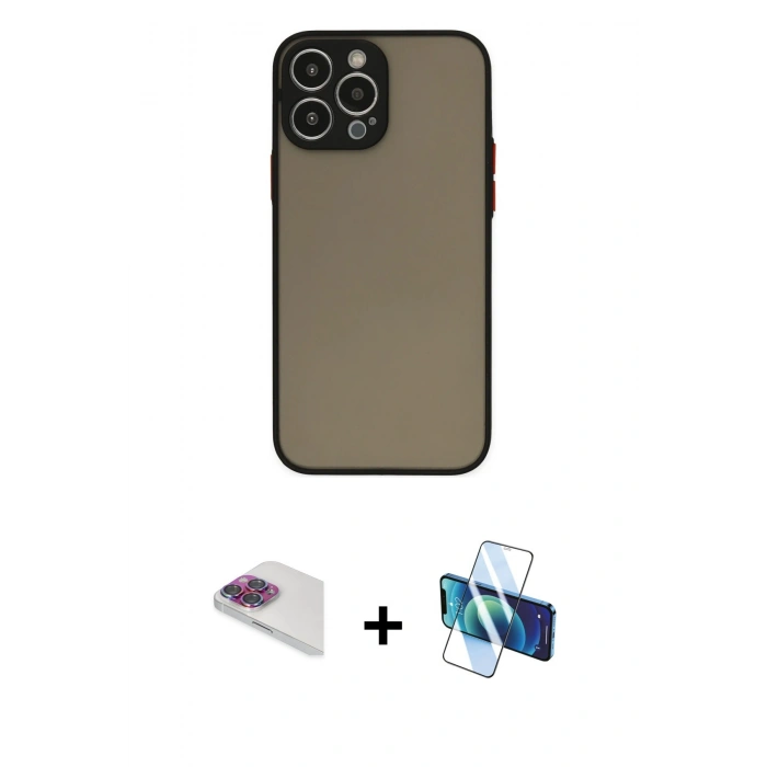 MARSİLYAN™- iPhone 13 Pro Max Kılıf Ahenk Çizgi Serisi - Siyah 3D Antistatik Cam Ekran Koruyucu + Pers Alüminyum Kamera Lens - GI