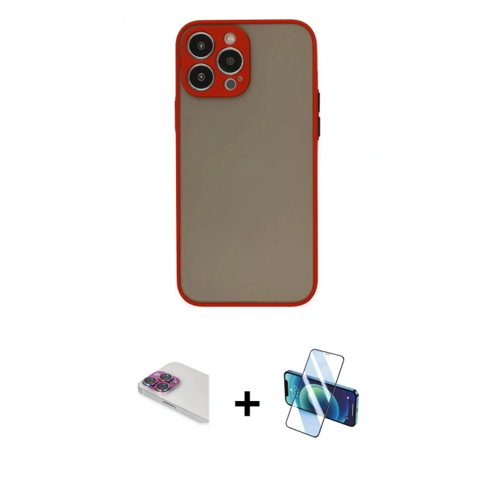 MARSİLYAN™- iPhone 13 Pro Max Kılıf Ahenk Çizgi Serisi - Siyah 3D Antistatik Cam Ekran Koruyucu + Pers Alüminyum Kamera Lens - GI