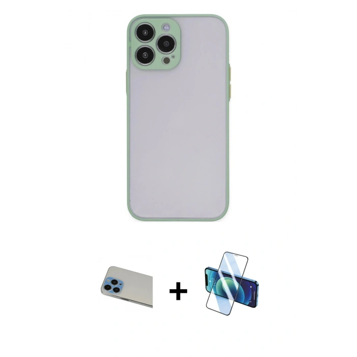 MARSİLYAN™- iPhone 13 Pro Max Kılıf Ahenk Çizgi Serisi - Siyah 3D Antistatik Cam Ekran Koruyucu + Rainbow Kamera Lens Koruma Cam - MI