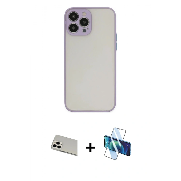 MARSİLYAN™- iPhone 13 Pro Max Kılıf Ahenk Çizgi Serisi - Siyah 3D Antistatik Cam Ekran Koruyucu + Rainbow Kamera Lens Koruma Cam - BZ