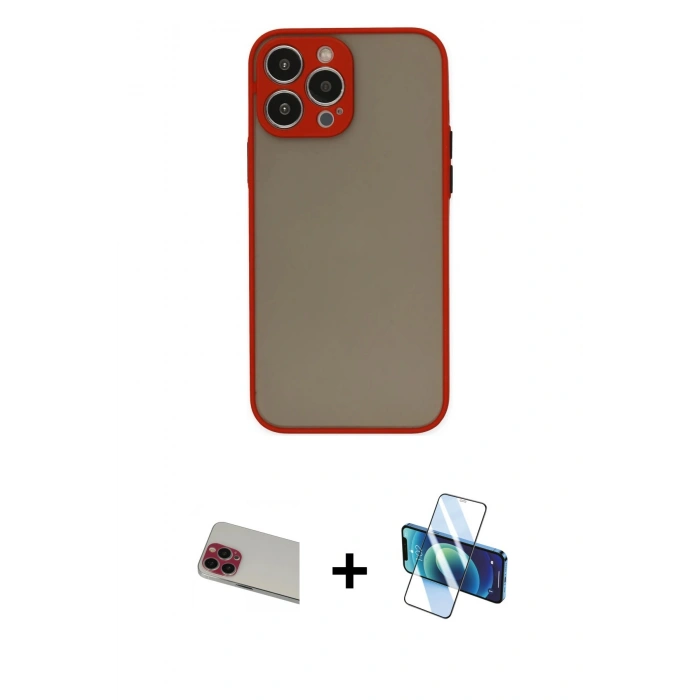 MARSİLYAN™- iPhone 13 Pro Max Kılıf Ahenk Çizgi Serisi - Siyah 3D Antistatik Cam Ekran Koruyucu + Rainbow Kamera Lens Koruma Cam - KI