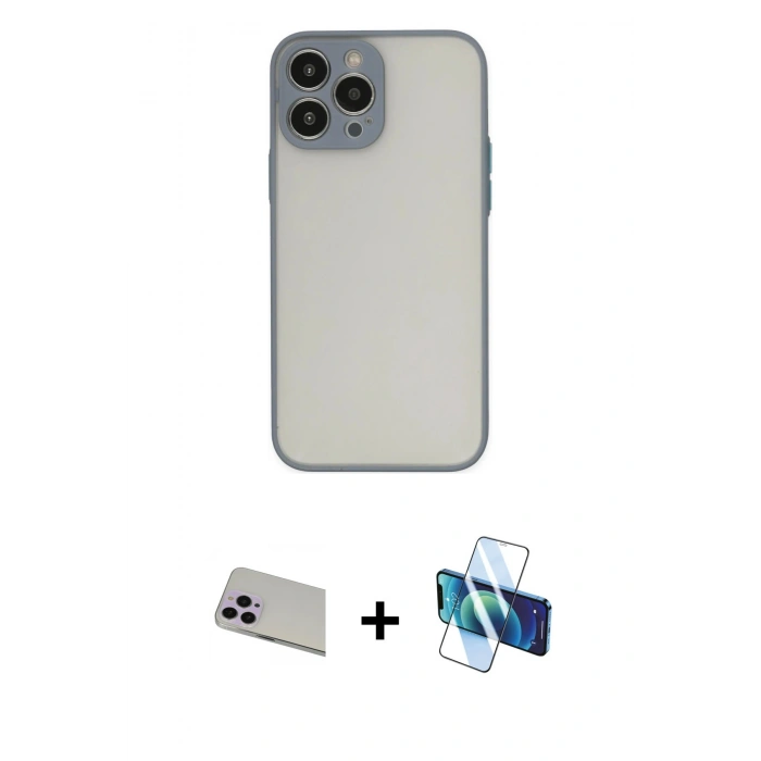 MARSİLYAN™- iPhone 13 Pro Max Kılıf Ahenk Çizgi Serisi - Siyah 3D Antistatik Cam Ekran Koruyucu + Rainbow Kamera Lens Koruma Cam - MR