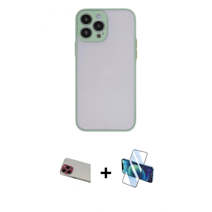 MARSİLYAN™- iPhone 13 Pro Max Kılıf Ahenk Çizgi Serisi - Siyah 3D Antistatik Cam Ekran Koruyucu + Rainbow Kamera Lens Koruma Cam - KI