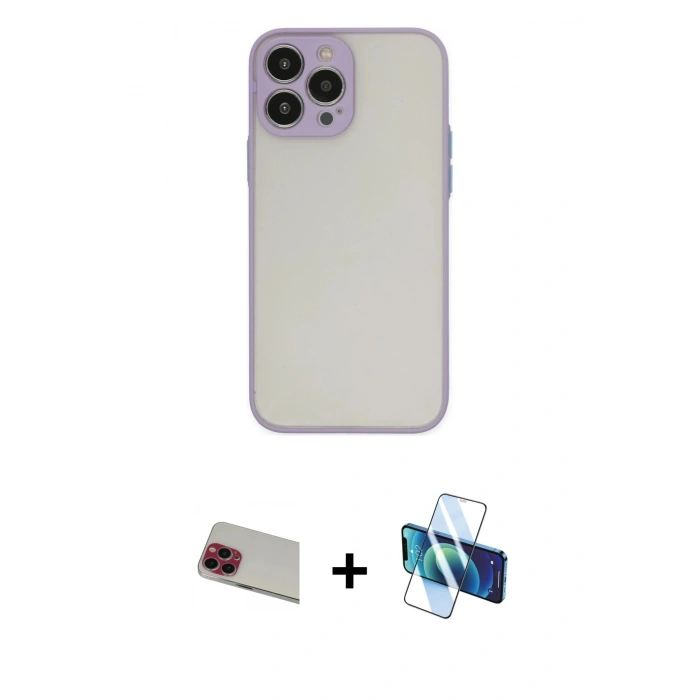 MARSİLYAN™- iPhone 13 Pro Max Kılıf Ahenk Çizgi Serisi - Siyah 3D Antistatik Cam Ekran Koruyucu + Rainbow Kamera Lens Koruma Cam - KI