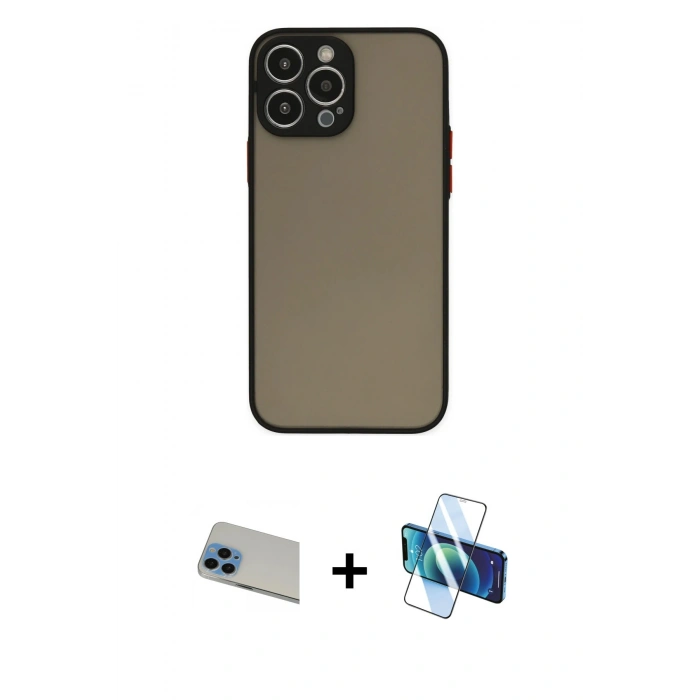 MARSİLYAN™- iPhone 13 Pro Max Kılıf Ahenk Çizgi Serisi - Siyah 3D Antistatik Cam Ekran Koruyucu + Rainbow Kamera Lens Koruma Cam - MI