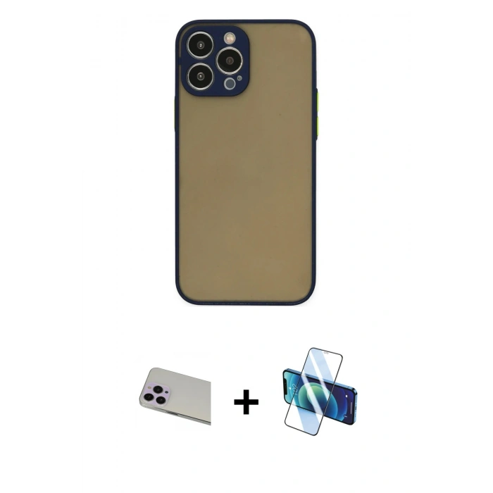 MARSİLYAN™- iPhone 13 Pro Max Kılıf Ahenk Çizgi Serisi - Siyah 3D Antistatik Cam Ekran Koruyucu + Rainbow Kamera Lens Koruma Cam - MR
