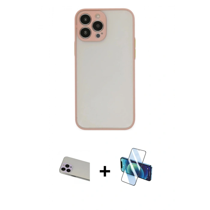 MARSİLYAN™- iPhone 13 Pro Max Kılıf Ahenk Çizgi Serisi - Siyah 3D Antistatik Cam Ekran Koruyucu + Rainbow Kamera Lens Koruma Cam - MR